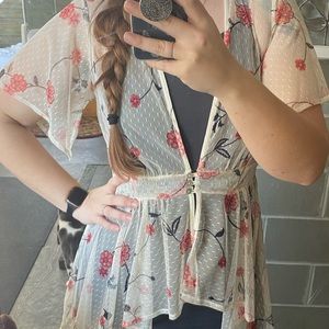 Maurices kimono cardigan, size: large, color: cream and orange.